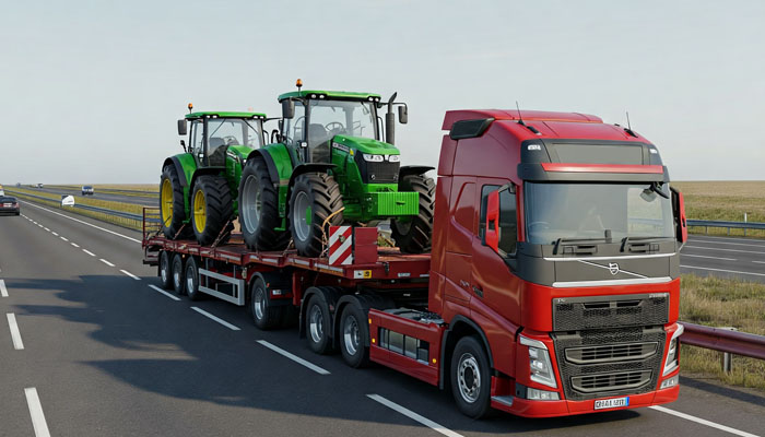 Transporte de maquinaria agrícola en cama baja por Maquinpe Group